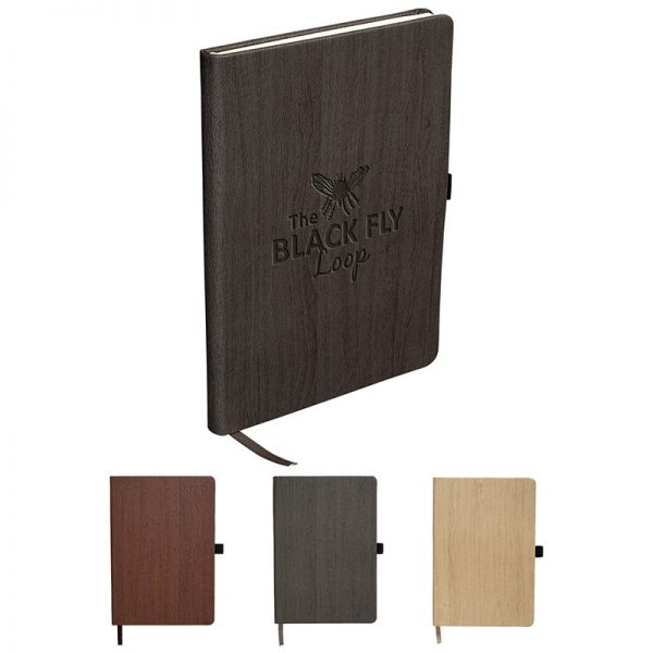 The Woodgrain Journal features your debossed custom logo on the front cover.